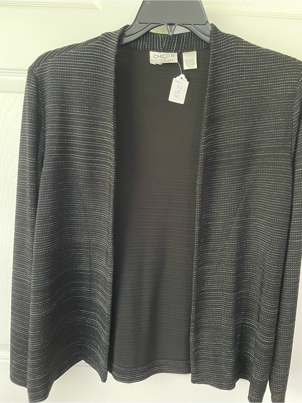 Chico’s Travelers Size 2 (L, 12–14) Black Silver Metallic Stripe Cardigan